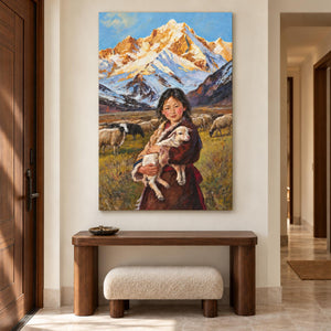 A person holding a sheep before grazing sheep and pale blue, white and ochre mountains in an artwork with no outer frame, displayed in an entryway above a console or bench.