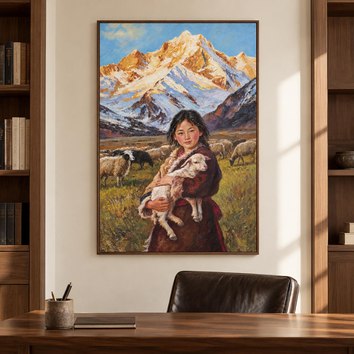 Artwork showing a person holding a sheep before grazing sheep and pale blue, white and ochre mountains in a study with a desk, with a brown wood-look frame.