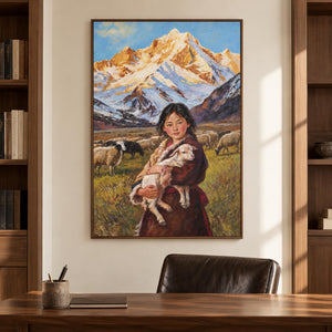 Artwork showing a person holding a sheep before grazing sheep and pale blue, white and ochre mountains in a study with a desk, with a brown wood-look frame.