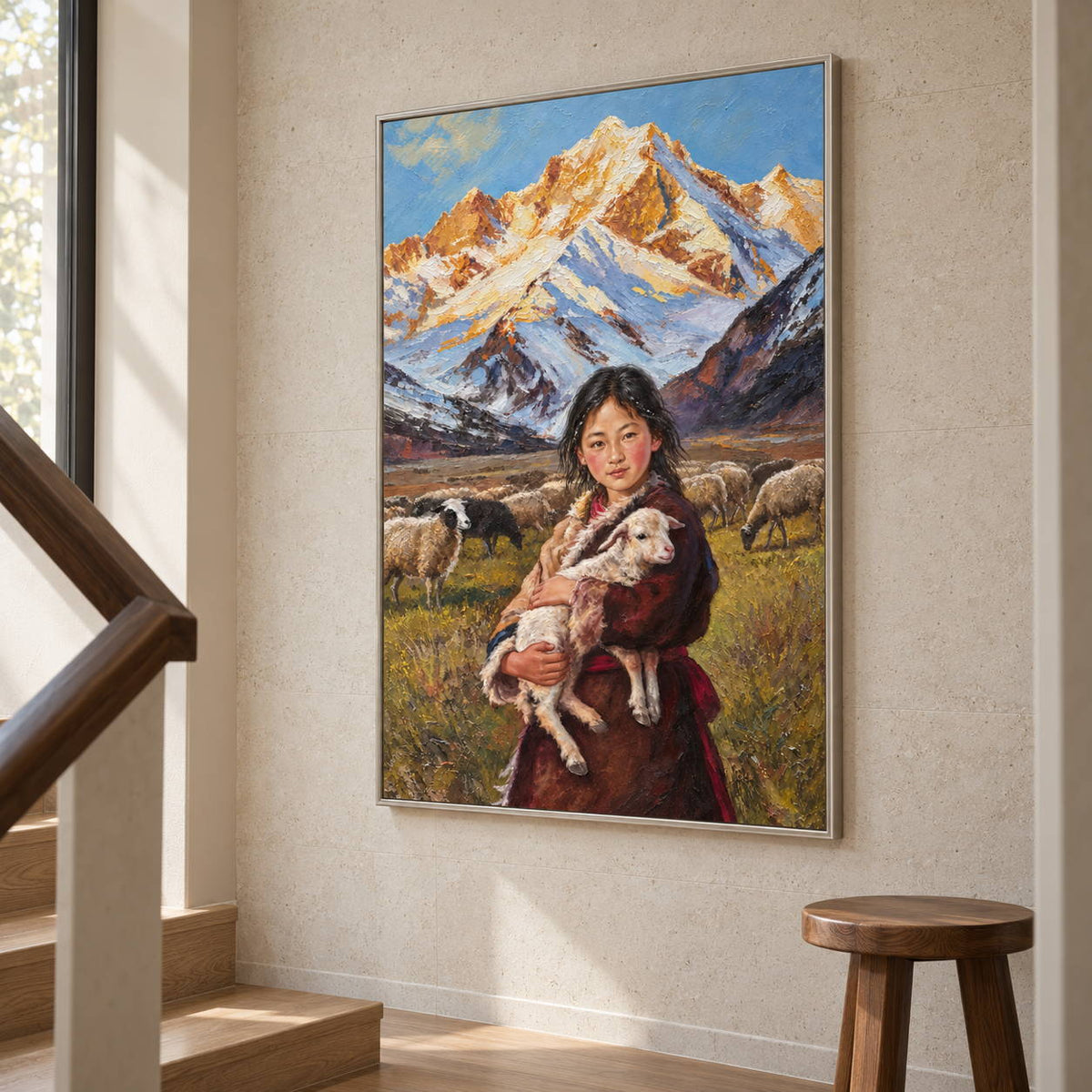 A person holding a sheep before grazing sheep and pale blue, white and ochre mountains in an artwork with a silver-colored frame, displayed beside a staircase.