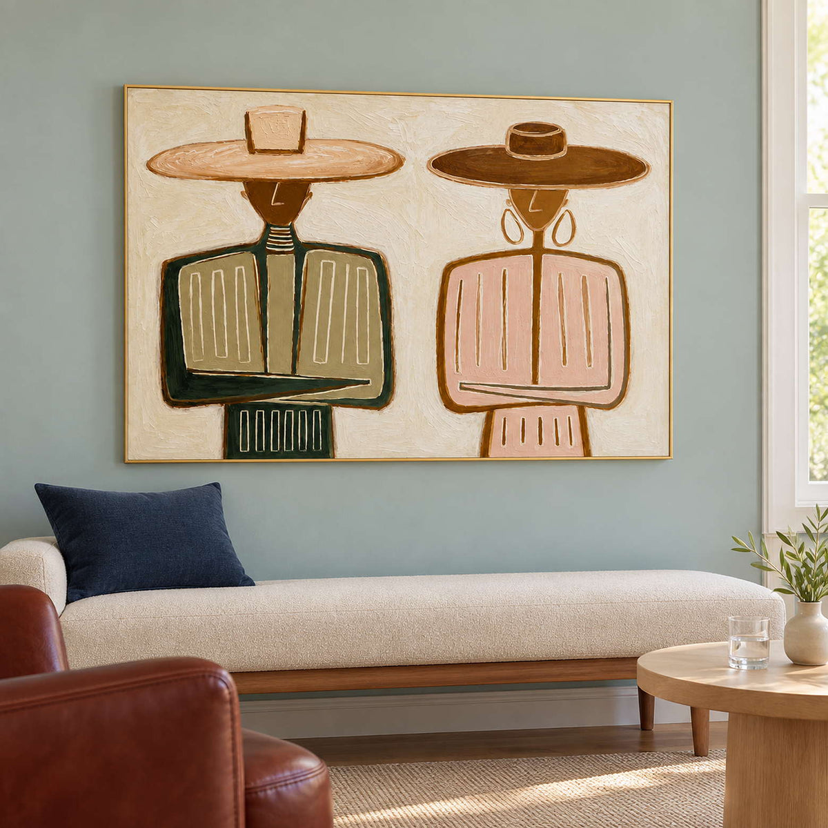 Green-and-pink artwork above a cream bench against a green wall.