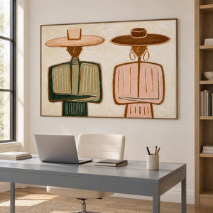 Folded-arm figures above a gray desk beside wooden shelving.