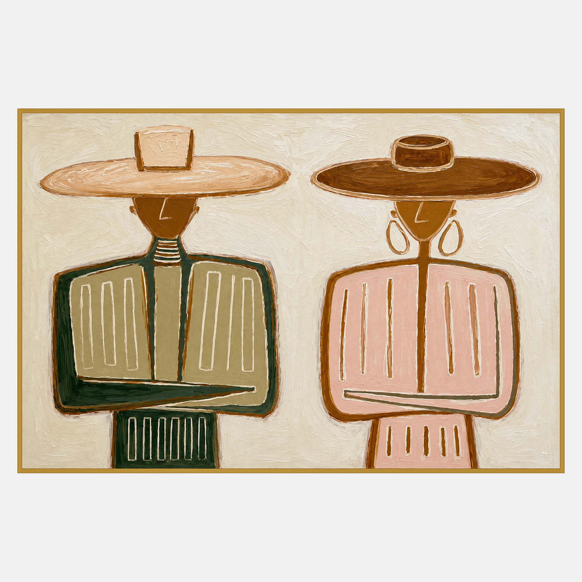 Two front-facing figures with folded arms, one in green with a pale hat and one in pink with a brown hat and earrings.