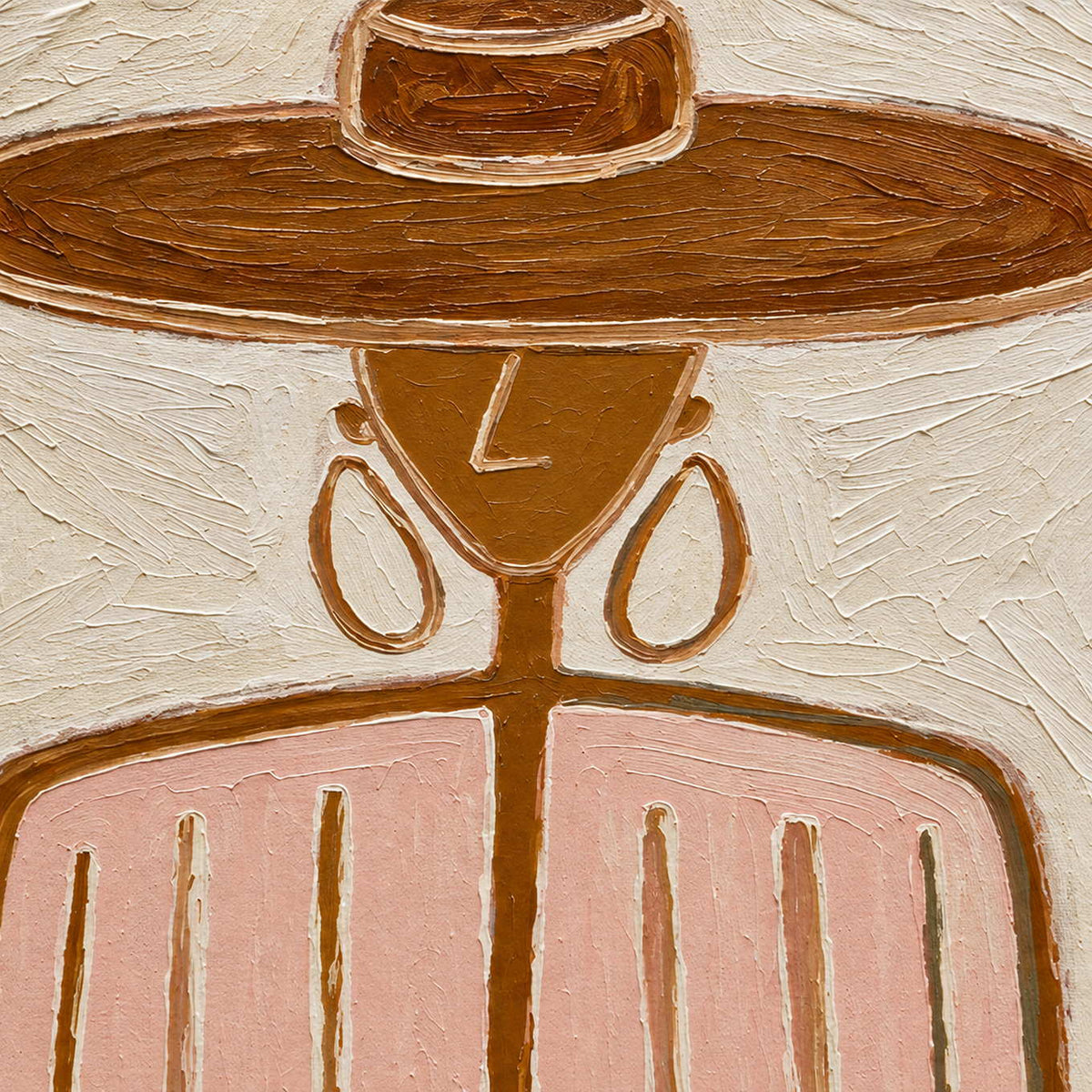 Detail of the brown hat, hoop earrings, and pink striped clothing.