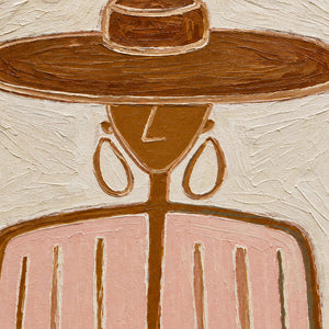 Detail of the brown hat, hoop earrings, and pink striped clothing.