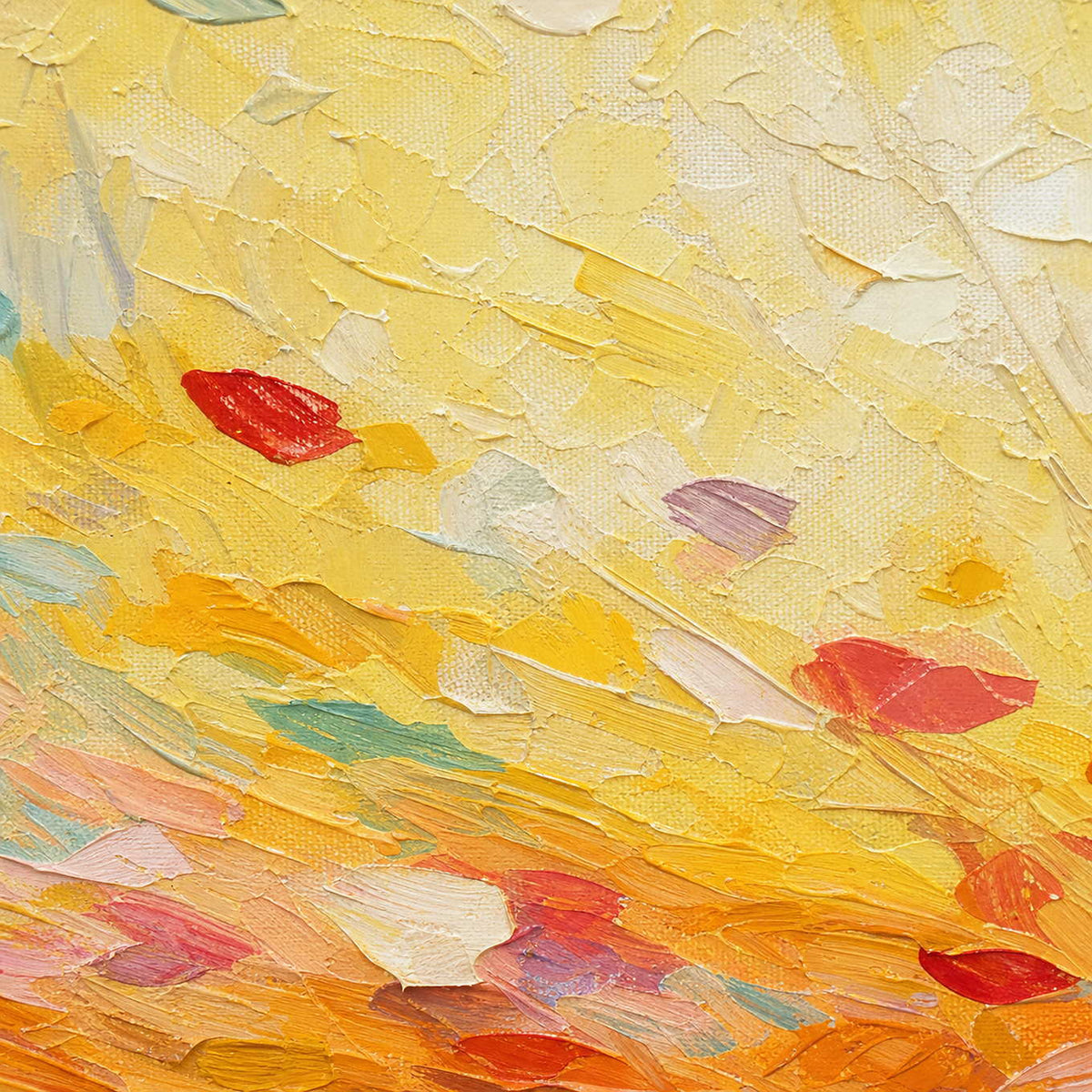 Close-up of raised hand-painted texture in warm tones, multicolor, and blue.