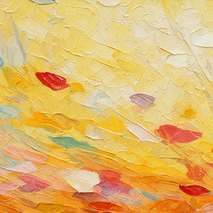 Close-up of raised hand-painted texture in warm tones, multicolor, and blue.