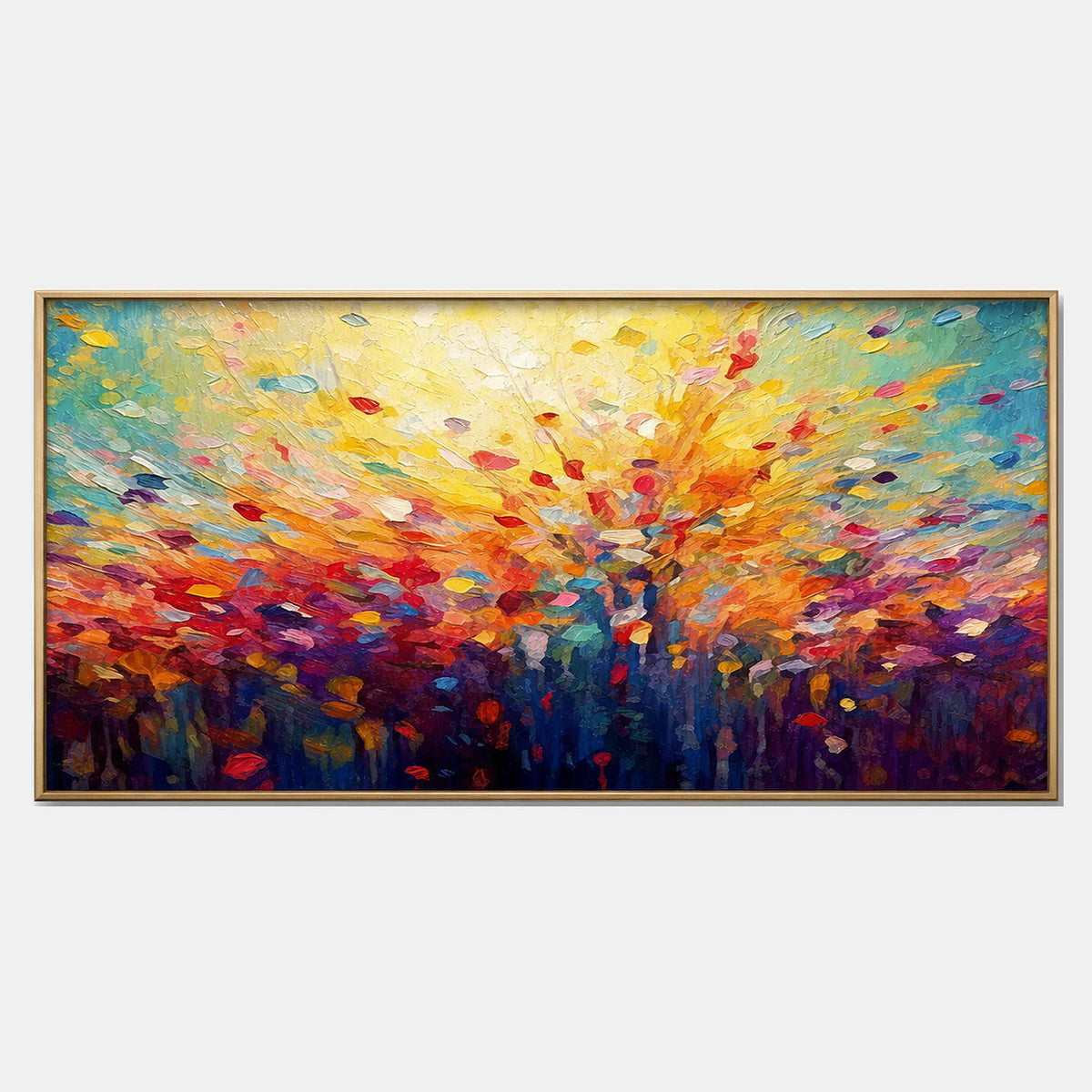 Hand-painted textured floral wall art with warm tones, multicolor, and blue tones.