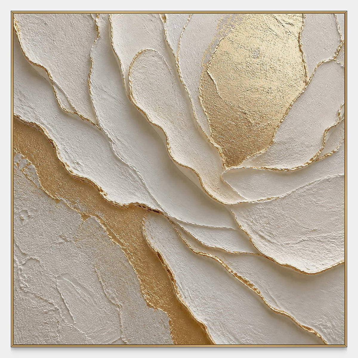 Hand-painted sculptural flower in layered ivory, white, and warm gold.