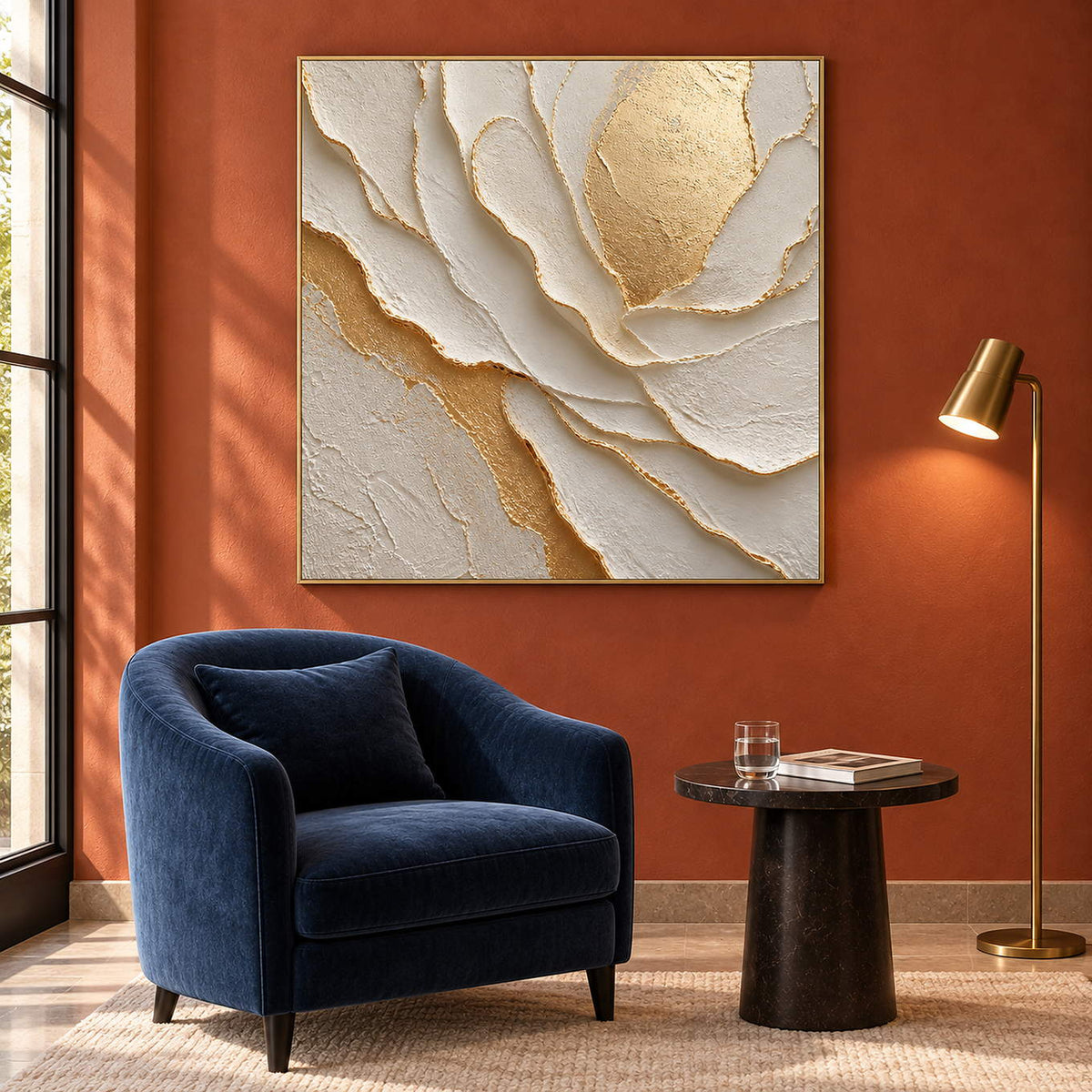 Hand-painted sculptural flower in layered ivory, white, and warm gold, displayed in a hotel lounge in a gold frame.