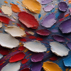 Close-up of raised hand-painted texture in multicolor, pink & blush, and warm tones.