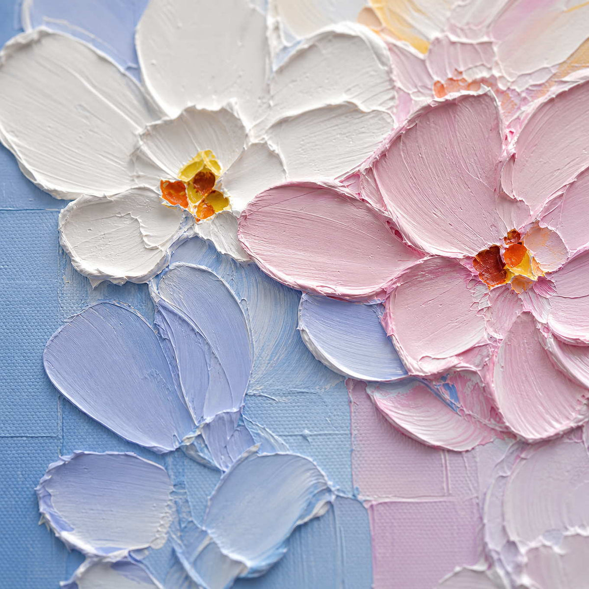 Close-up of raised hand-painted texture in blue, pink & blush, and white.