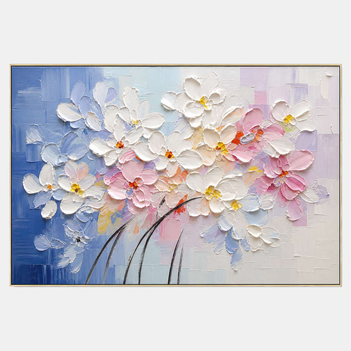 Hand-painted textured floral wall art with blue, pink & blush, and white tones.