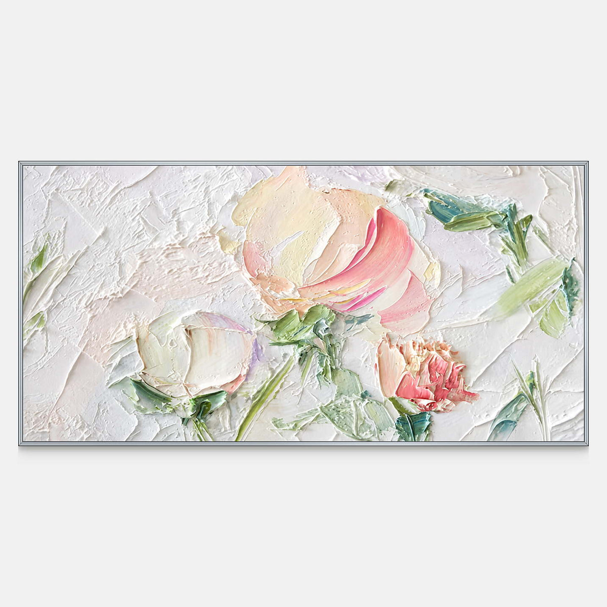 Horizontal floral artwork with raised pink and cream petals among fine green stems.