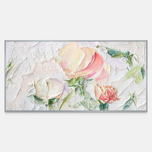 Horizontal floral artwork with raised pink and cream petals among fine green stems.