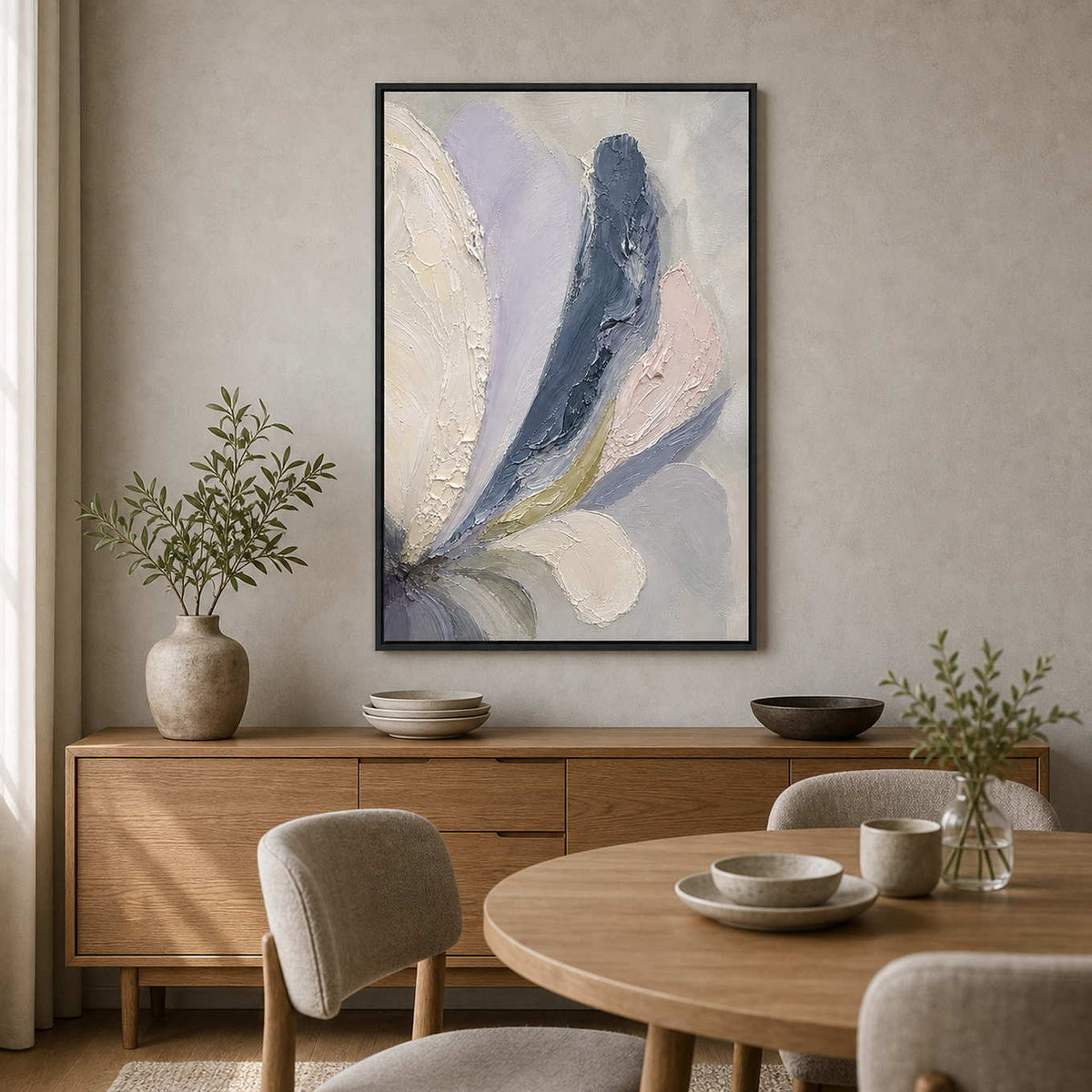 Textured Floral Wall Art displayed in a refined dining room.