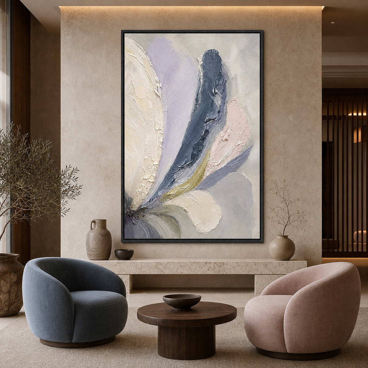 Textured Floral Wall Art displayed in a refined hospitality lounge 2.