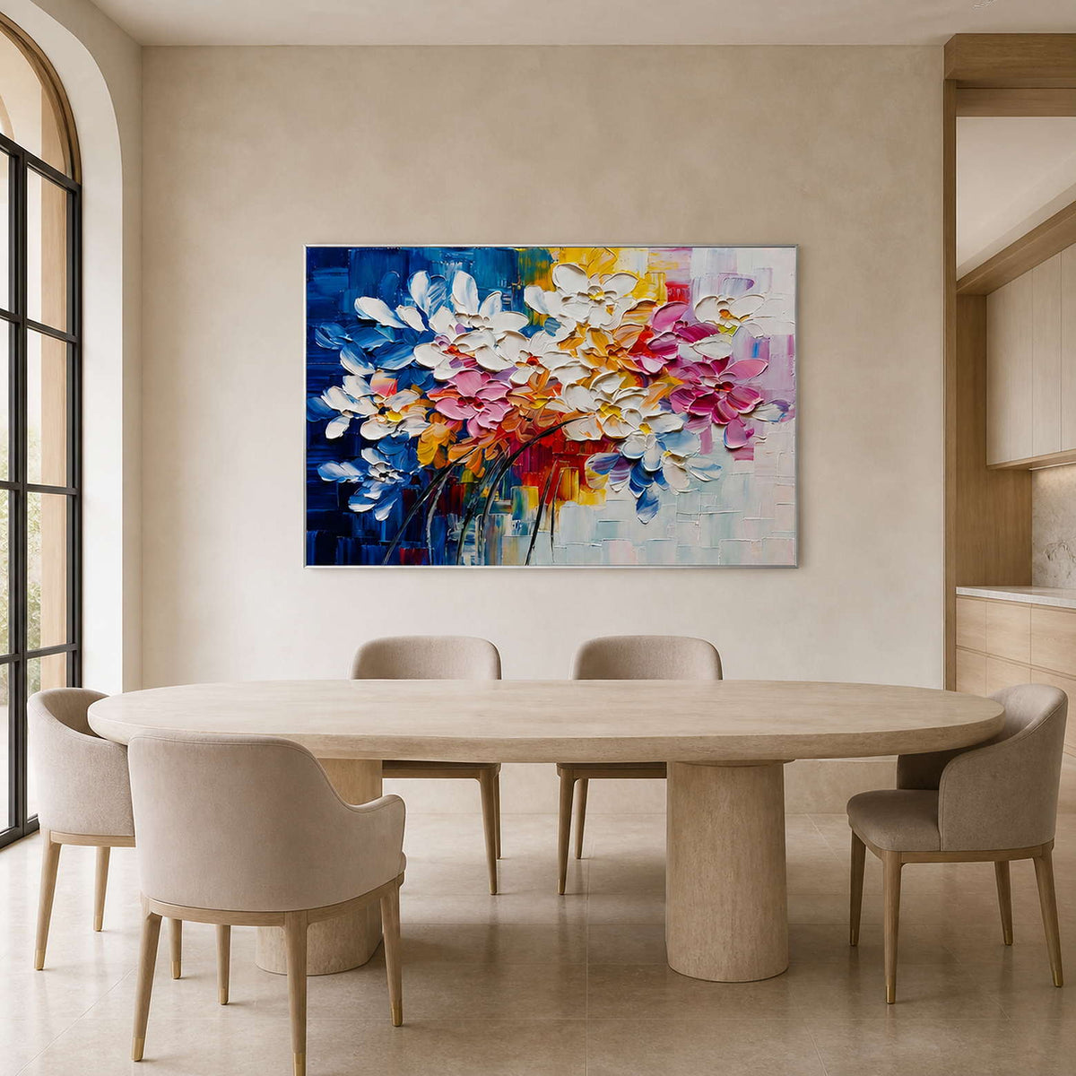 Textured floral branch artwork displayed in a warm ivory dining room.