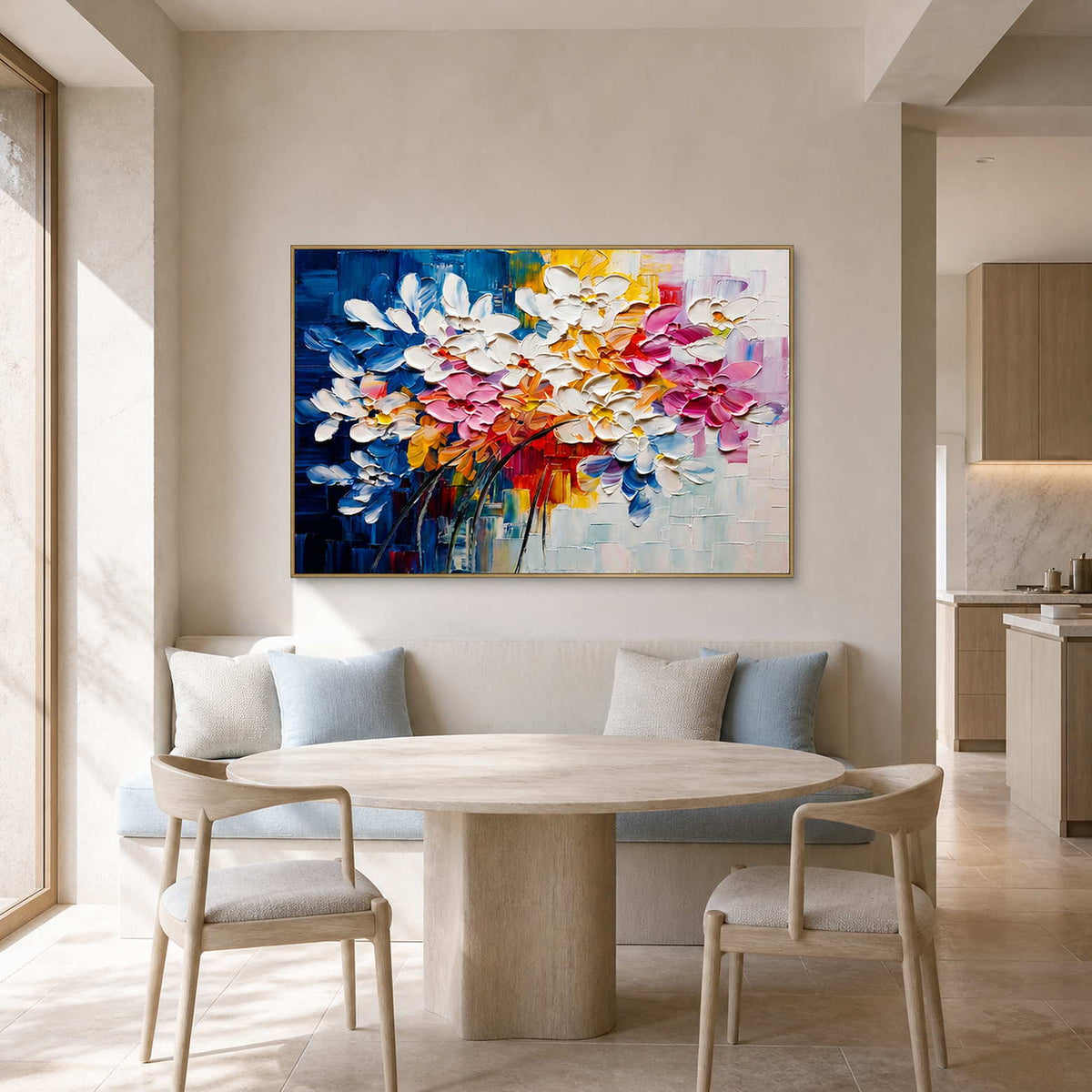 Bright textured floral painting displayed in a warm white breakfast area.