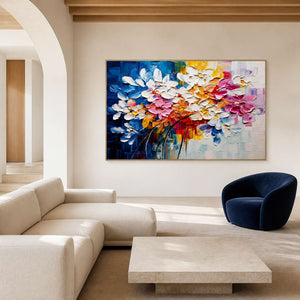 Colorful floral wall art displayed in a bright warm white living room.
