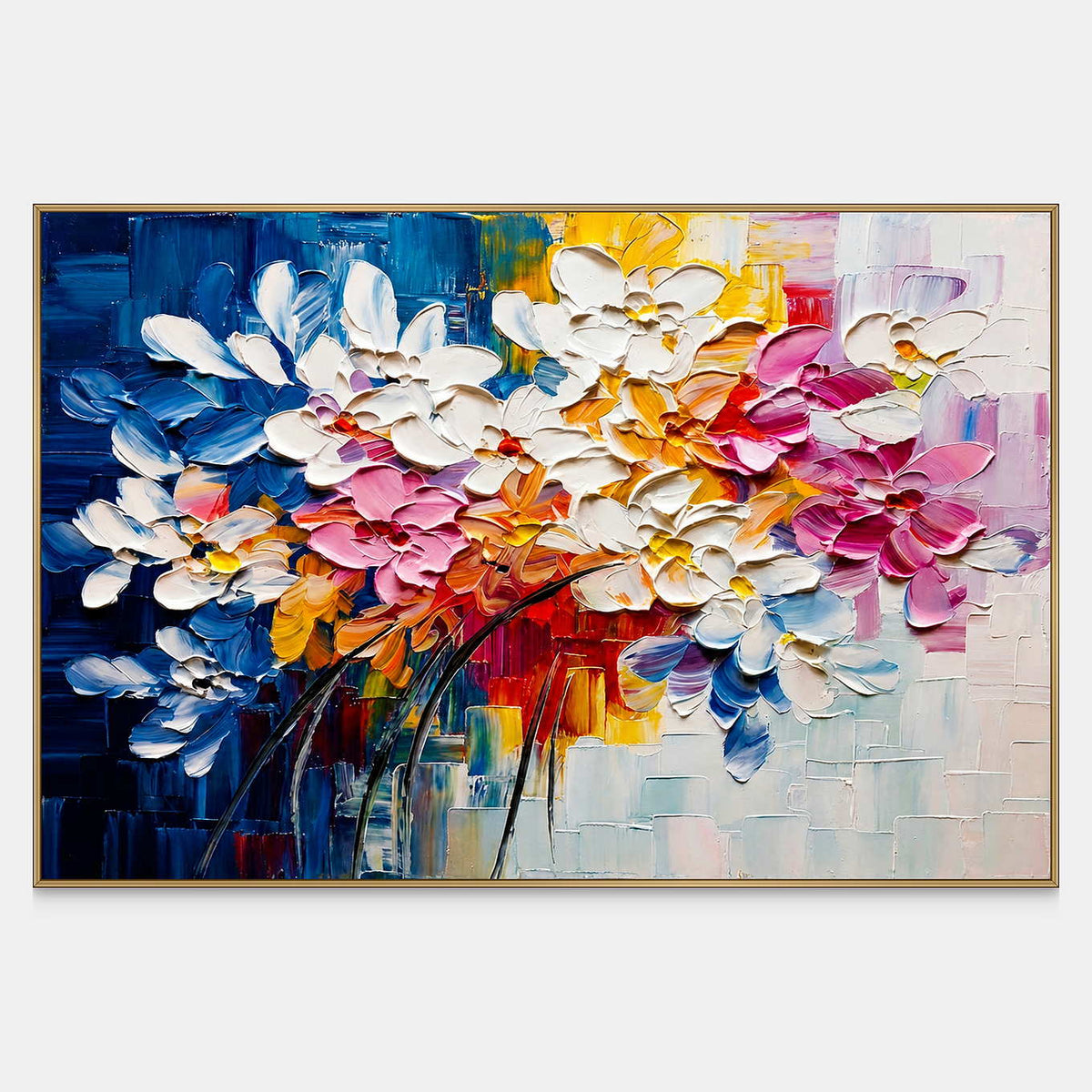 White, pink, and gold petals sweeping across a cobalt blue canvas.