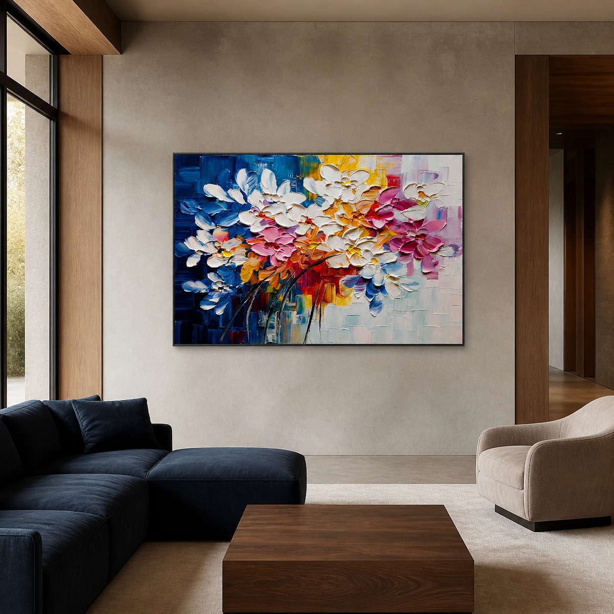 Vibrant botanical wall art displayed in a mist-gray walnut family room.
