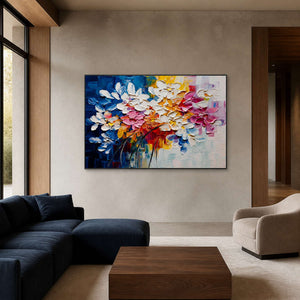 Vibrant botanical wall art displayed in a mist-gray walnut family room.