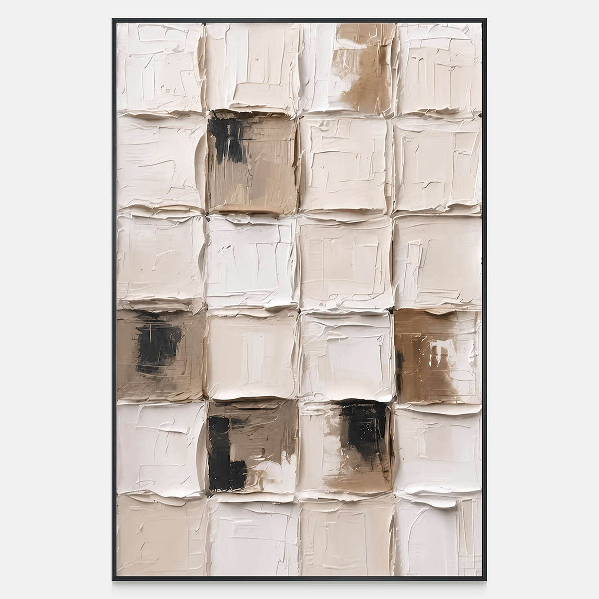 Raised cream squares form an uneven grid with taupe and small black patches.