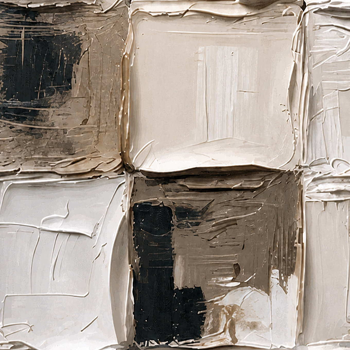 Close view of raised cream edges and scraped taupe squares with dark accents.