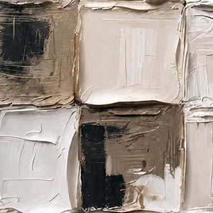 Close view of raised cream edges and scraped taupe squares with dark accents.
