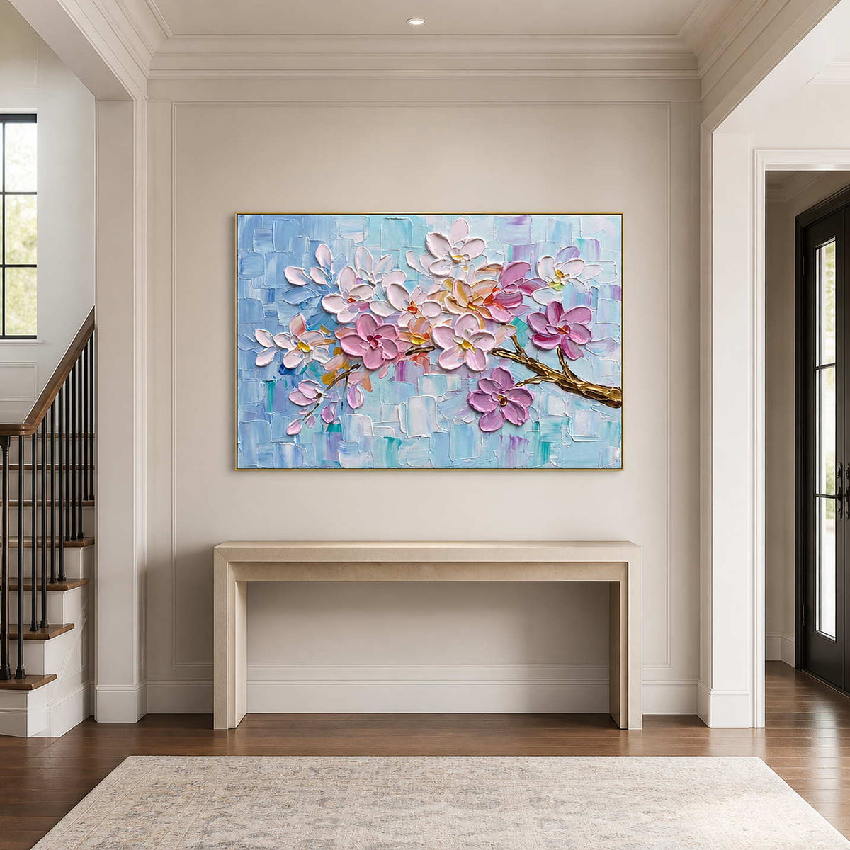 Horizontal floral artwork displayed above a bright entryway console.