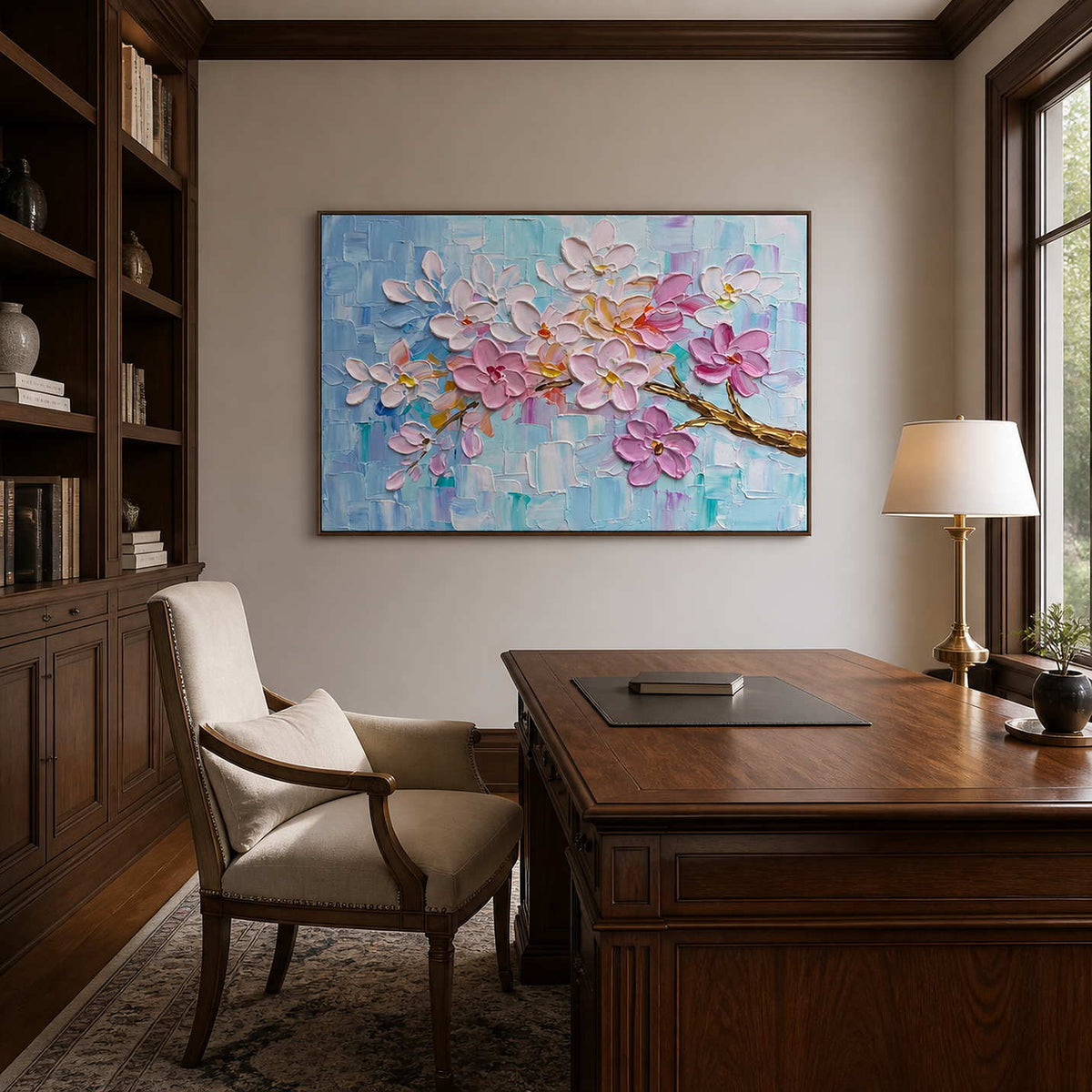 Modern blossom artwork displayed in a classic walnut office.