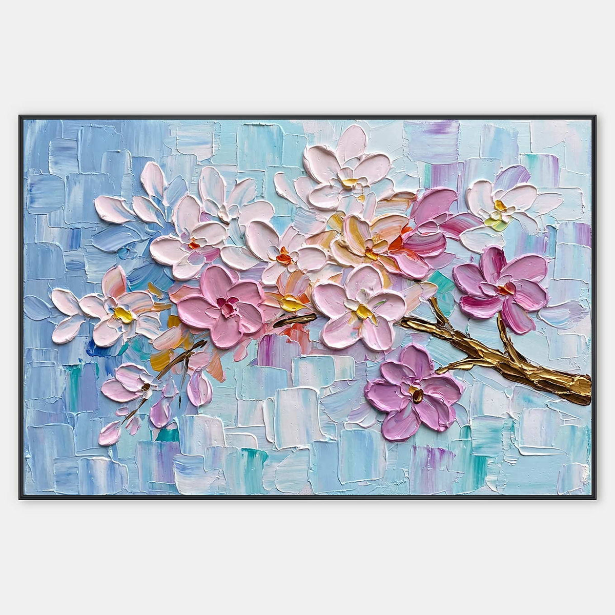 Horizontal painting of sculpted pink blossoms on a sky-blue field.