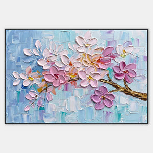 Horizontal painting of sculpted pink blossoms on a sky-blue field.
