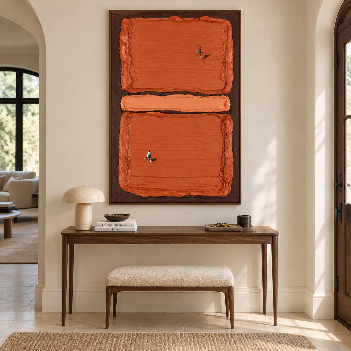 Miniature tennis scene above a slim wooden console with a cream stool underneath.