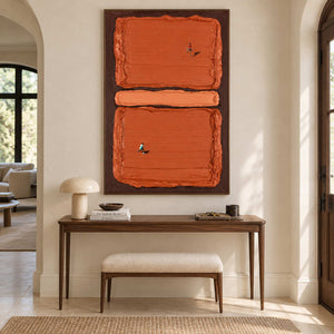 Miniature tennis scene above a slim wooden console with a cream stool underneath.