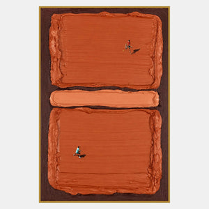 Two miniature tennis players on large textured terracotta rectangles separated by a pale orange bar against dark brown.