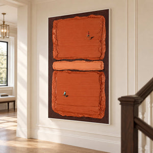 Tall terracotta tennis painting on a hallway wall beside a stair railing.