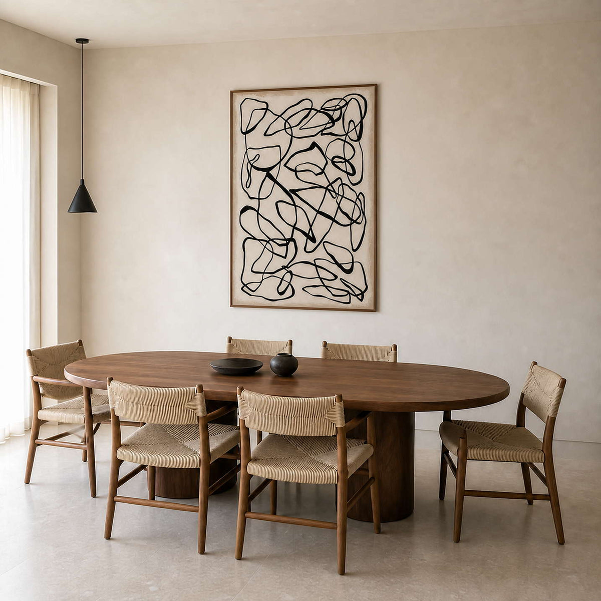 Wood framed looping line artwork above an oval dining table with woven chairs.