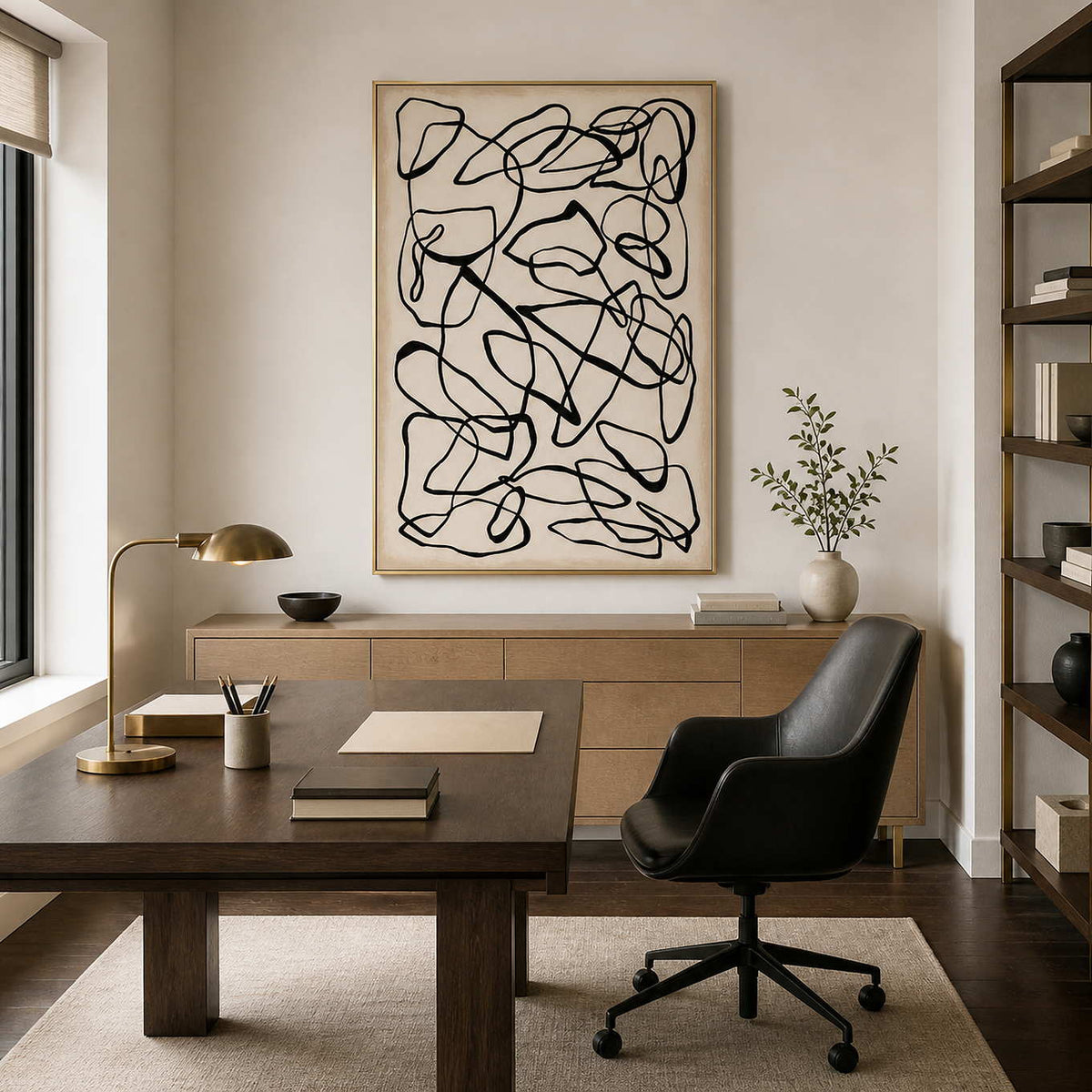 Gold framed line artwork behind a writing desk and black office chair.
