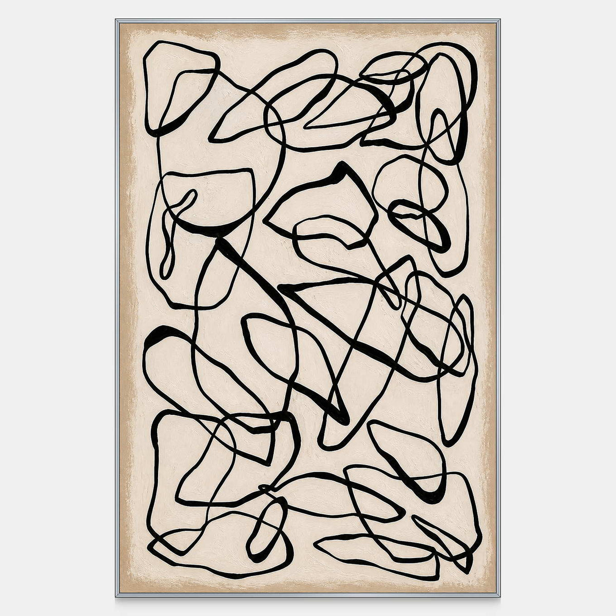Wandering black loops cross a warm cream ground in a vertical abstract composition.
