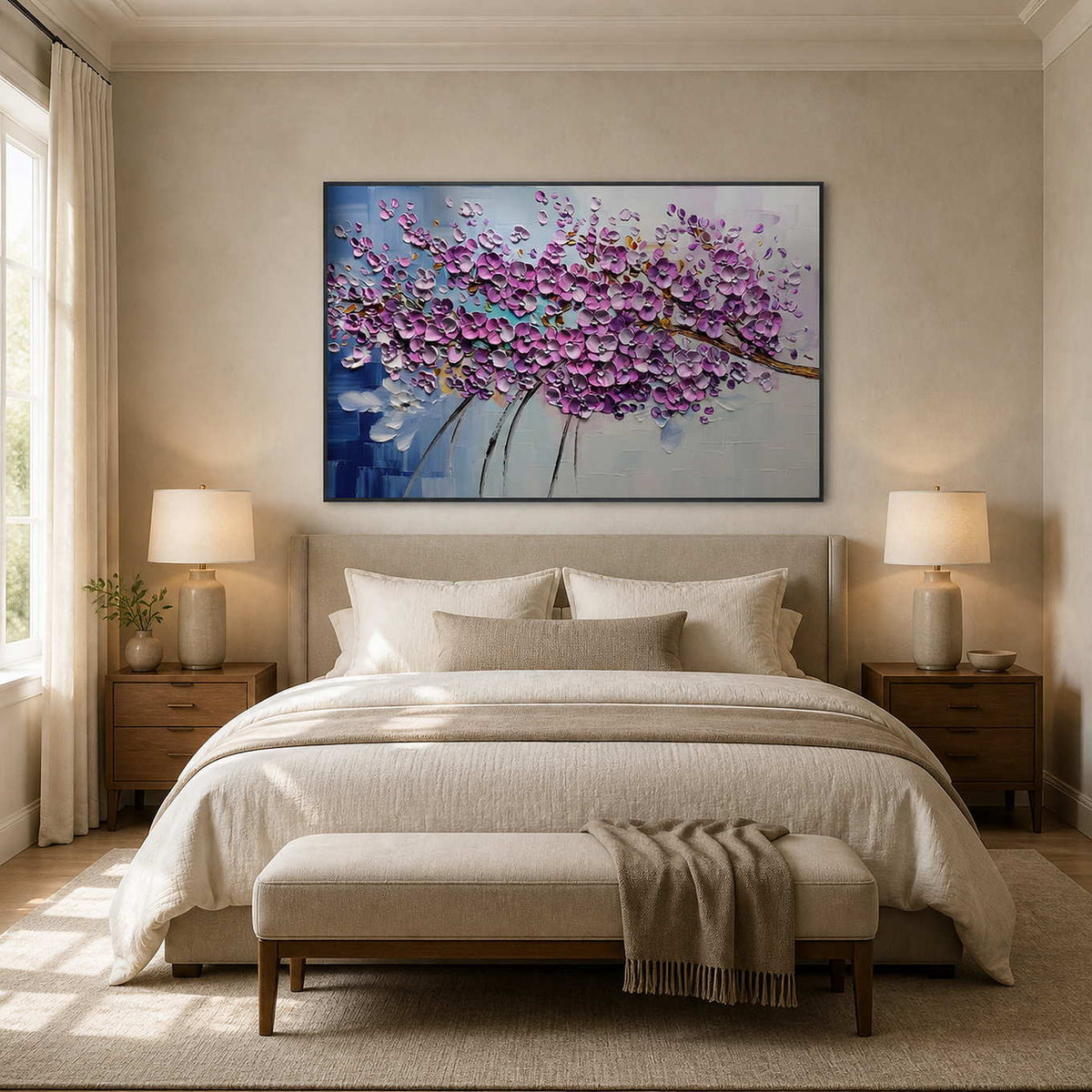 Textured floral painting displayed above a serene neutral bedroom.