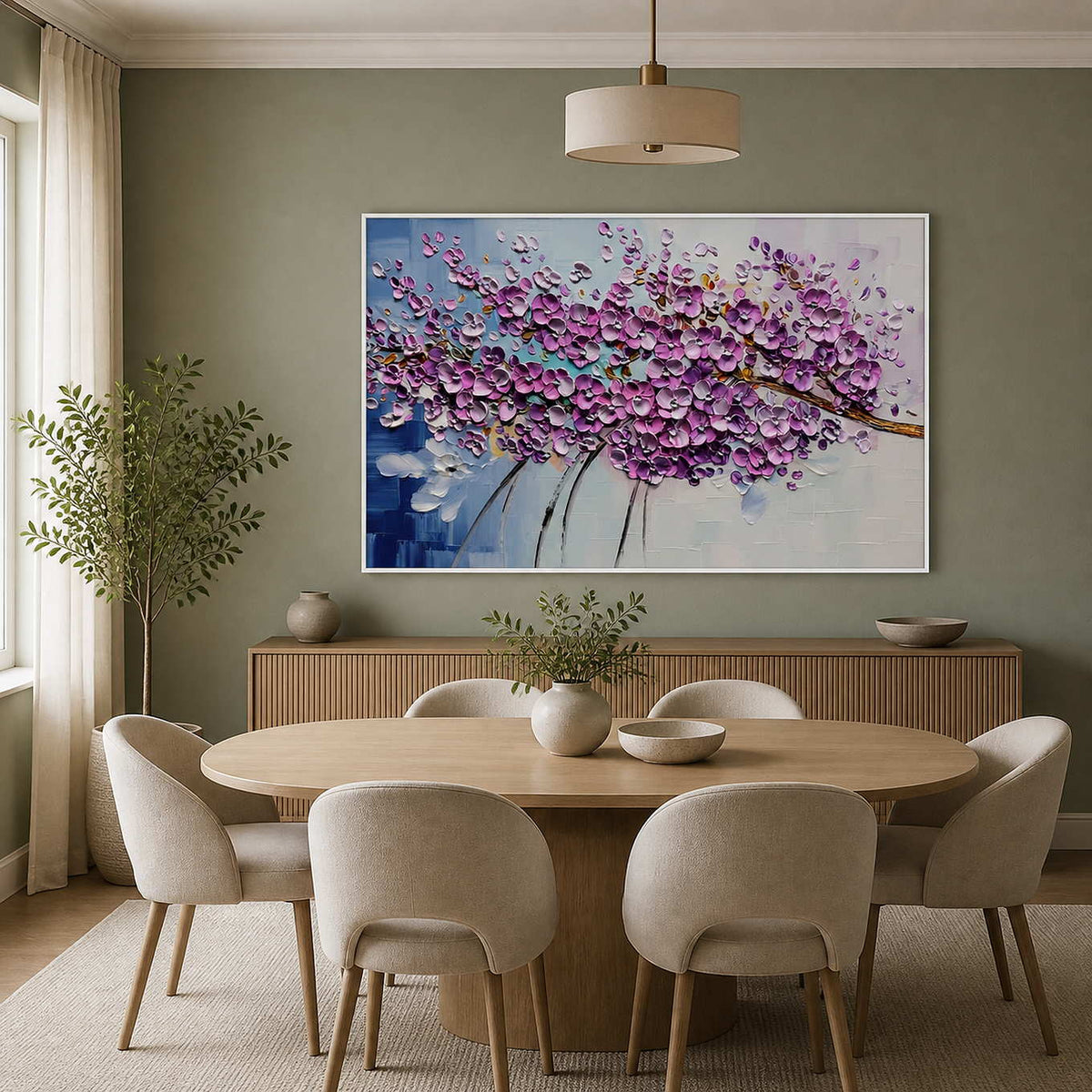Purple botanical wall art displayed in a soft green dining room.