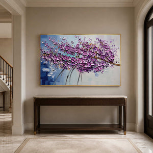 Horizontal floral wall art displayed above a bright entryway console.