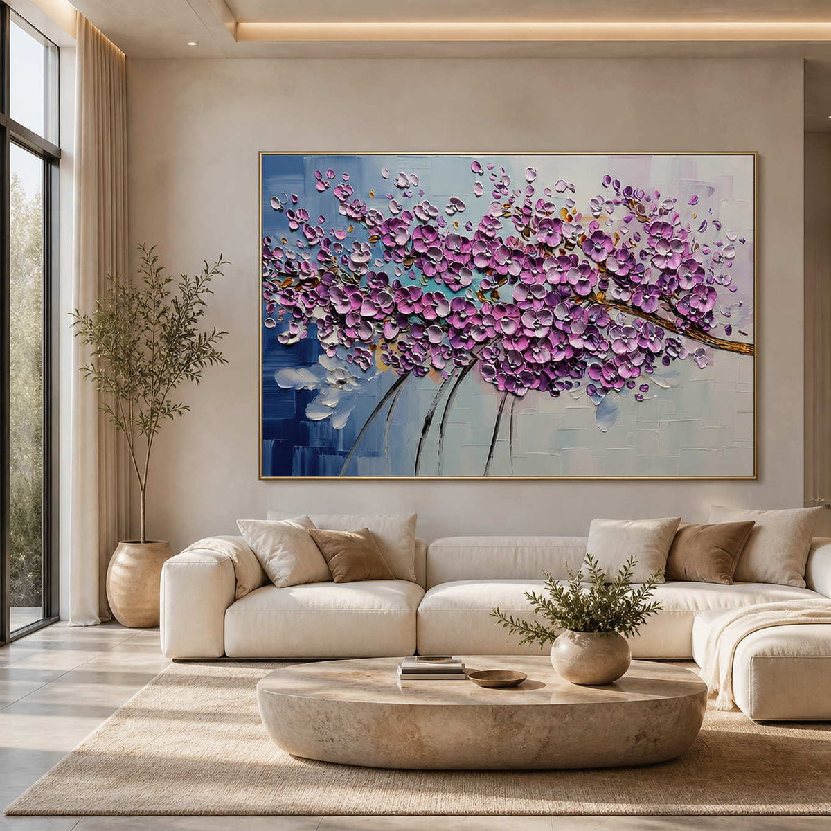 Textured purple floral wall art displayed in a bright modern living room.