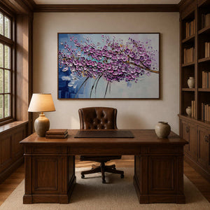 Modern blossom artwork displayed in a traditional walnut office.
