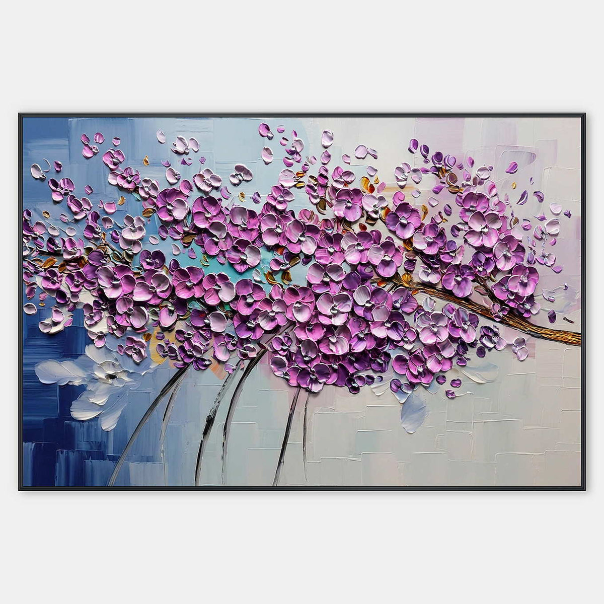 Horizontal painting of sculpted purple blossoms on a pale blue field.