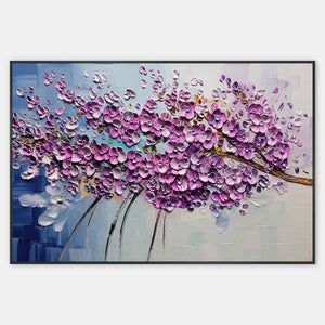 Horizontal painting of sculpted purple blossoms on a pale blue field.