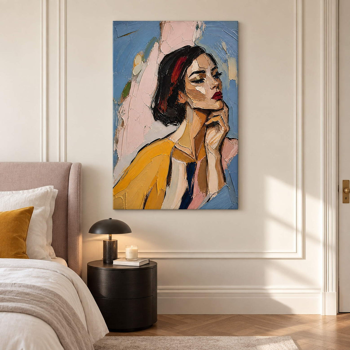Textured portrait of a dark-haired woman in mustard yellow without an outer frame in a bedroom.