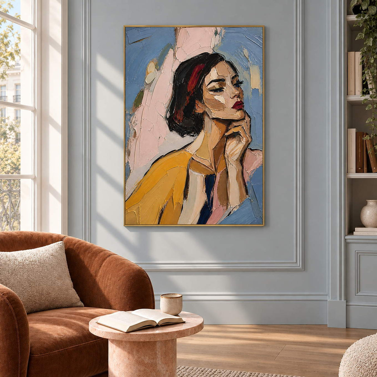 Textured portrait of a dark-haired woman in mustard yellow in a gold frame in a lounge.